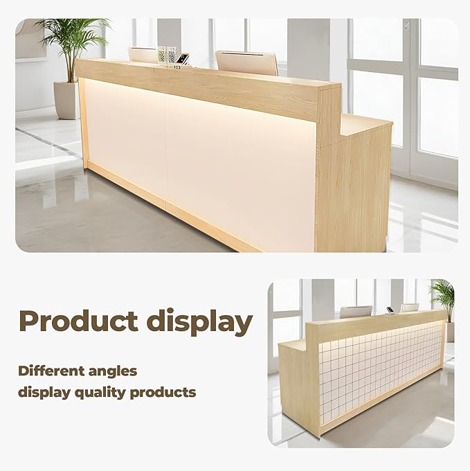 Modern Reception Desk Front Desk with LED Strip Lighting, Lockable Drawers, and Versatile Storage for Office, Checkout (White Maple/Regular Type, 86.61" L*23.62" W*39.37" H)
