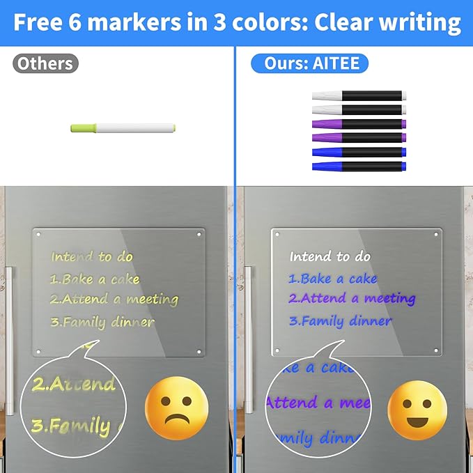 AITEE Acrylic Magnetic Calendar for Fridge, 16"x12" Inches Clear Dry Erase Calendar Memo Whiteboard for Refrigerator with Strong Magnets Includes 6 Dry Erase Markers with 3 Colors