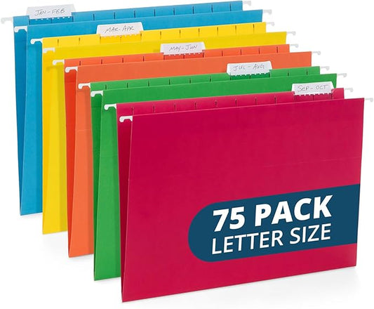 Blue Summit 75 Pack Colored Hanging File Folders Letter Size No Expansion, Colored Hanging File Folders Bulk, Assorted Colors, Designed for Bulky Files, Medical Charts, 1/5 Tabs