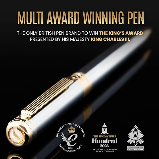 Scriveiner Silver Chrome Ballpoint Pen - Stunning Luxury Pen, Real Gold Plating, Schmidt Black Refill, Best Ball Pen Gift Set for Men & Women, Professional, Executive, Office, Nice, Fancy Pens