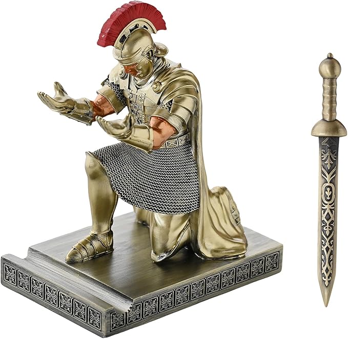 Roman Praetorian Prefect Warrior Knight Pen Holder Desk Ornament Resin Praetorian Guard Mobile Phone Stand Desk Accessories and Organizer for Office with a Letter Opener (Bronze)