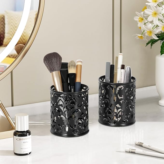 EasyPAG Metal Round Pencil Holder 2 Pack Black Pen Cup Holders Organizer for Desk