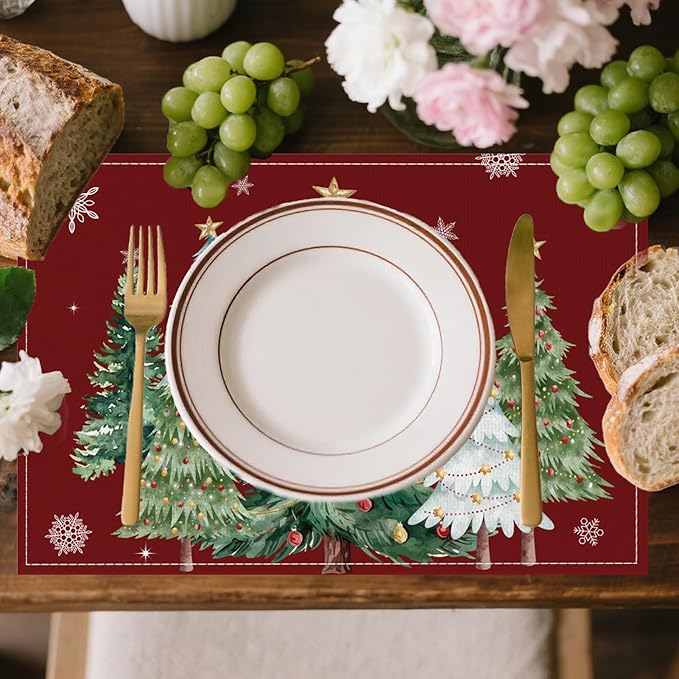 Christmas Placemats Set of 6 Xmas Trees Snowflakes Winter Placemats Snowflake Winter Seasonal Table Mats for Holiday Party Kitchen Dining Holiday Decoration