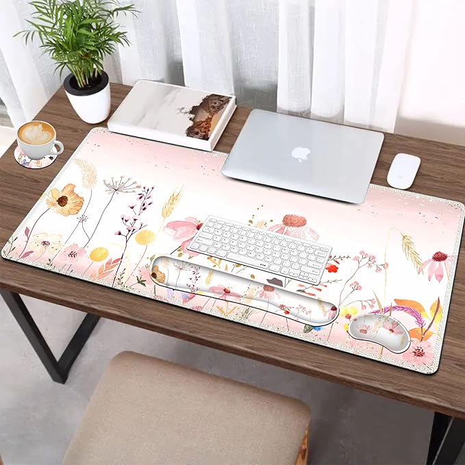 AIMSA Keyboard Mouse Pad Wrist Rest, Extended Gaming Mouse Pad +Wrist Support, Ergonomic Memory Foam,XXL Large Mousepad Easy Typing Pain Relief, 4Pcs (35×15.7 in) Desk Mat, Pink Flowers