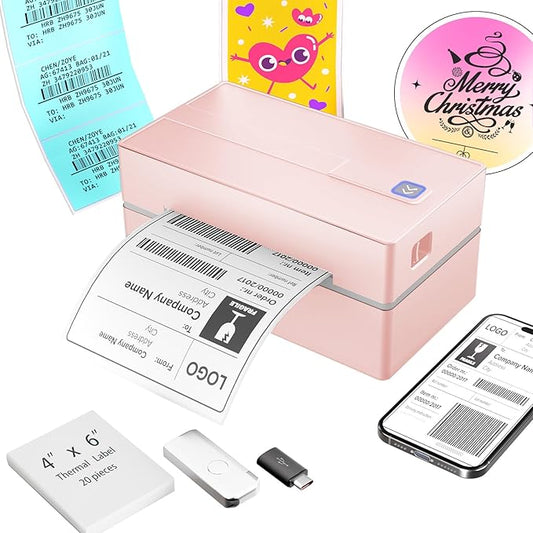 Bluetooth Thermal Shipping Label Printer: 4x6 Wireless Label Maker with Tape for Small Business - Compatible with iPhone, Android, Windows & Mac, Widely Used for USPS UPS Ebay Amazon Shopify, Pink