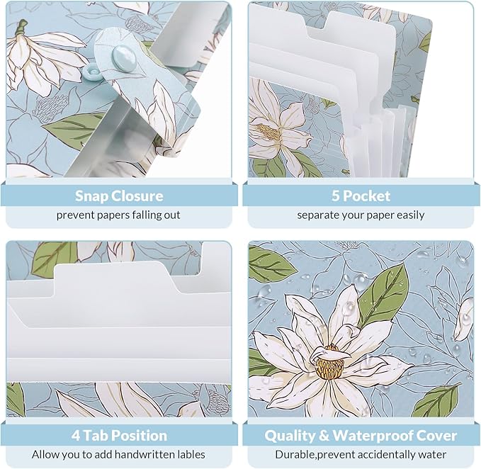 SKYDUE Expanding File Folder with 5 Pockets, Accordion File Organizer,Portable Receipt Paper Documents Organizer,Letter Size Filing Folder School Office Supplies,Sky Blue