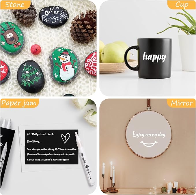 White Markers Pen, 8 Pack Paint Pens, Fine Tip Acrylic White Permanent Markers for Sketching, Drawing, Wood, Rock, Tyres, Plastic, Leather, Glass, DIY Painting