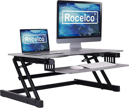 Rocelco 37.5" Deluxe Height Adjustable Standing Desk Converter - Quick Sit Stand Up Dual Monitor Riser - Gas Spring Assist Computer Workstation - Large Retractable Keyboard Tray - Gray (R DADRG)