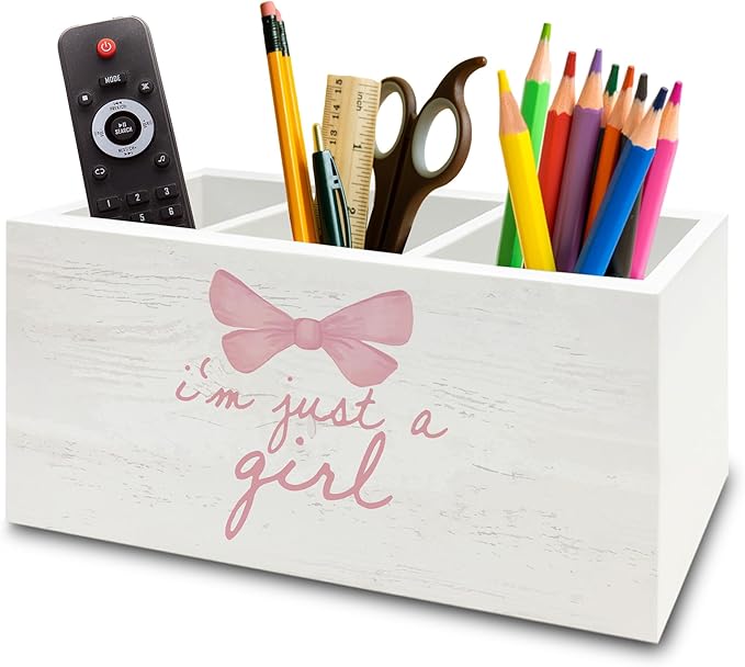 Pink Coquette Bow Preppy Pen Pencil Holder Organizer for Desk, Preppy Desk Decor, I'm Just a Girl Pink Wooden Box Sign for Girly Room Bedroom Dorm Tabletop Decorations