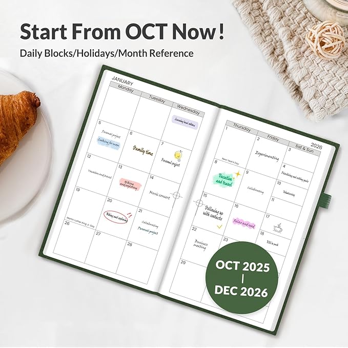 SUNEE 2026 Pocket Weekly Planner for Purse 3.5" x 6" - 12 Month (January 2026 - December 2026), Small Size Planner, Hardcover, Note, Deep Green