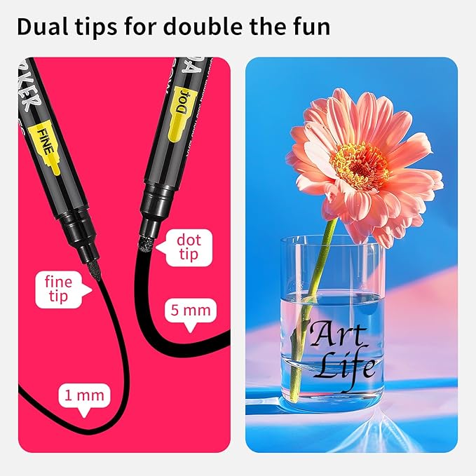 NAWOD 6 Black Acrylic Paint Pens, Acrylic Paint Markers Dual Tip (Fine 1mm + Dot 5mm), Acrylic Permanent Markers for Rock, Fabric, Canvas, Ceramic, Glass, Wood, Paper, Labeling, Drawing, DIY Crafts