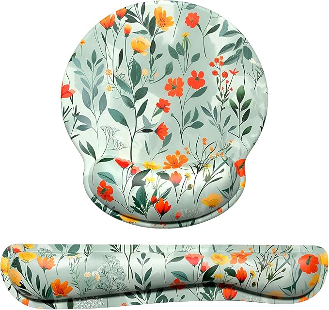 Dapesuom Keyboard Wrist Rest and Mouse Pad with Wrist Support, Cute Memory Foam Cushion for Keyboard and Mouse Set, Desktop Pad Rests with Non Slip Base for Easy Typing & Pain Relief, Simple Flowers