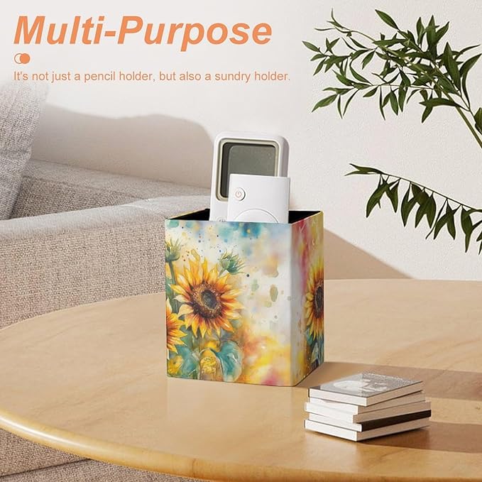 Square Pen Holder & Pencil Organizer for Desk - Office Storage Organizer, Markers/Makeup Brushes/Scissors Holder, Compact Desk Decor Accessories for Home Classroom School(Sunflower)