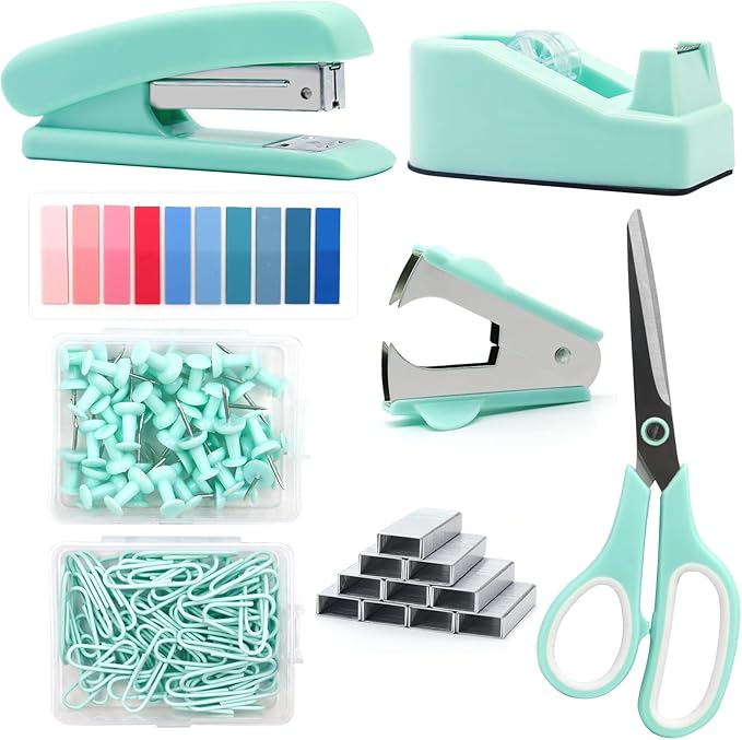 Mint Green Desk Accessories, Teal Office Supplies, Stapler and Tape Dispenser Set, Teal Desk Accessory Kit, Gift for Students, Women, Coworkers, Boss Lady, Office Clerks