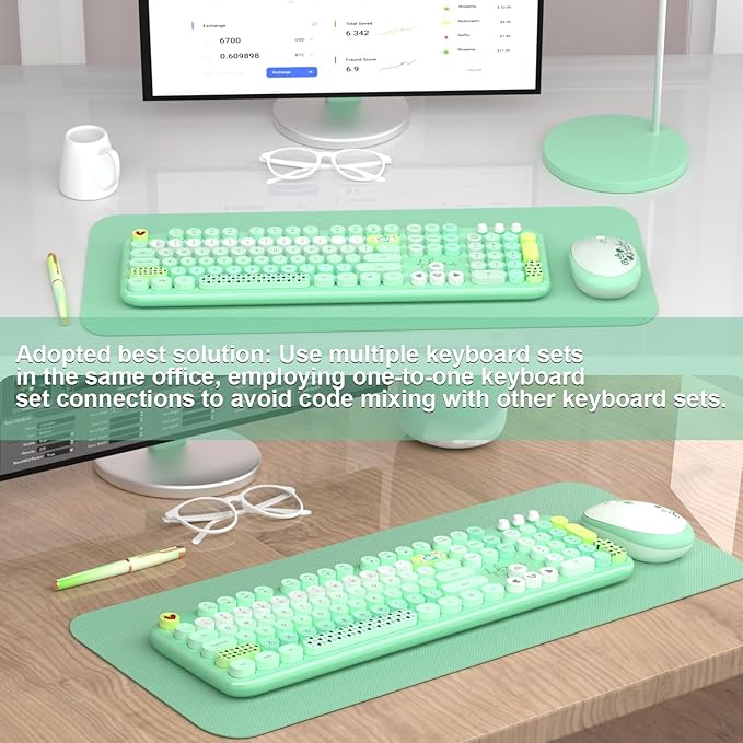 Wireless Keyboard Mouse Set,MOFII 104 Round Keys Lovely Retro Cute Colorful Computer Typewriter Keyboard and Mouse for PC/Mac/Laptop/Tablet/Computer/Windows Green