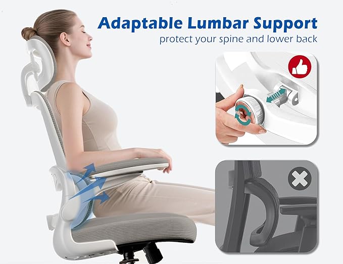 TRALT Ergonomic Office Chair - Desk Chair with Adjustable Headrest Lumbar Support Computer Chair - Mesh Comfy Chair with Flip-up Armrests - Gaming Chairs for Adults Home Office (Leather, Grey)