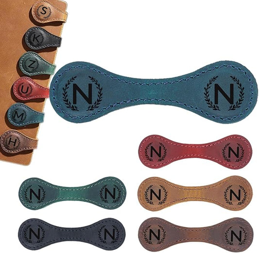 Magnetic Leather Bookmark with 26 Initial for Reading Women,Personalized Magnet Book Marks Gifts for Men,Book Lovers (Blue, N)