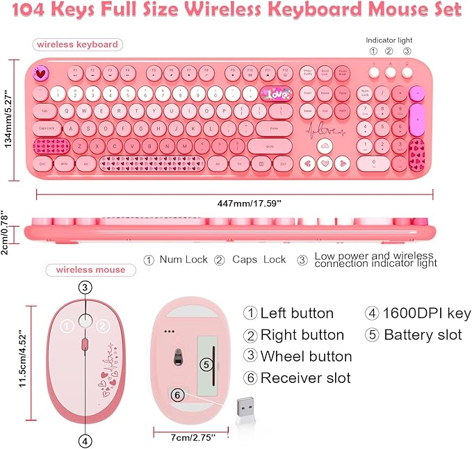 Wireless Keyboard and Mouse,MOFII 104 Round Keys Lovely Full-Size Cute Colorful Keyboard and Mouse with Retro Typewriter for PC/Mac/Laptop/Tablet/Computer/Windows Pink