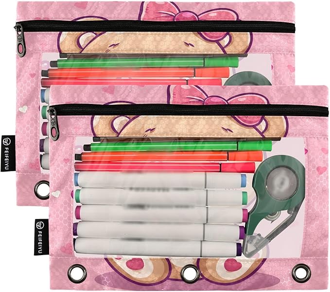 Cute Teddy Bear Pencil Pouch for 3 Ring Binder, 2 Pack Waterproof Pencil Bags Clear Window Zipper School Office Supplies