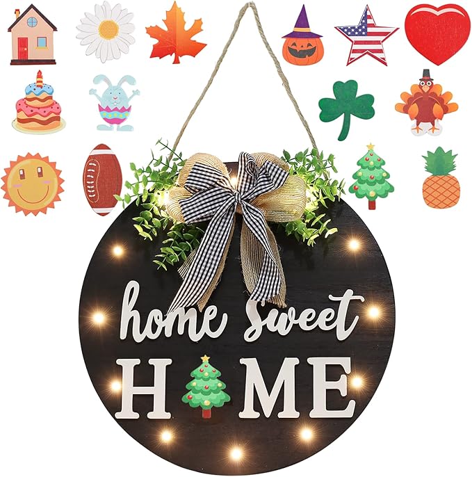 Interchangeable Welcome Sign for Front Door with 14 Changeable Icons, Farmhouse Front Porch Decor Rustic Wooden Wall Sign with 12 LED Lights, Outdoor Seasonal Welcome Home Decorations (Black1)