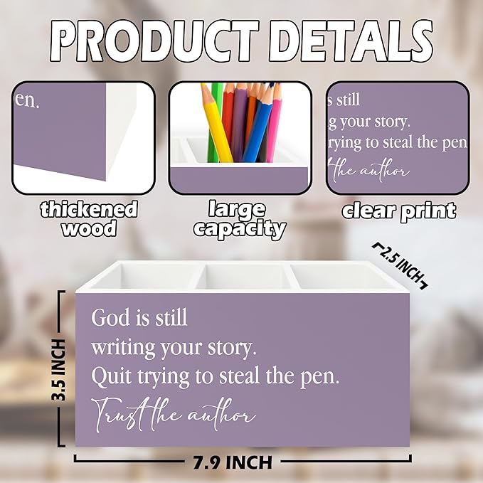 Purple Christian Pen Pencil Holder Organizer for Desk, Christian Gifts for Women, God Is Still Writing Your Story Bible Verse Wooden Box Sign for Home Office Desk Tabletop Decorations