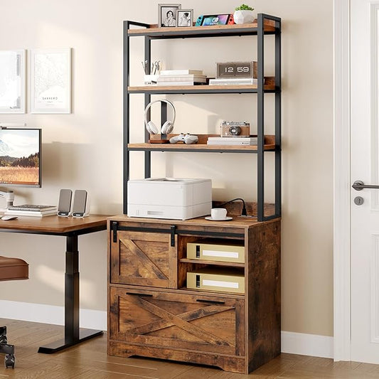 File Cabinet with Charging Station, Vertical Filing Cabinet with Shelves, File Cabinet for Home Office, Printer Stand with Storage Shelves & Barn Doors, Fits A4/Letter Files, Rustic