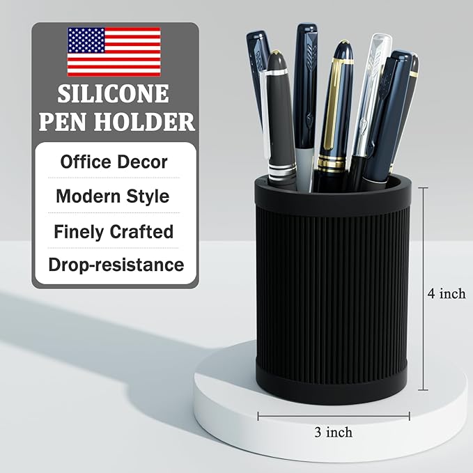 Aesthetic Pen Holder For Desk, Modern Silicone Pencil Holder, Stylish Office Desk Decor, Made of 5 mm Thickened Premium Silicone, Office Desk Organizer And Accessories (Black)