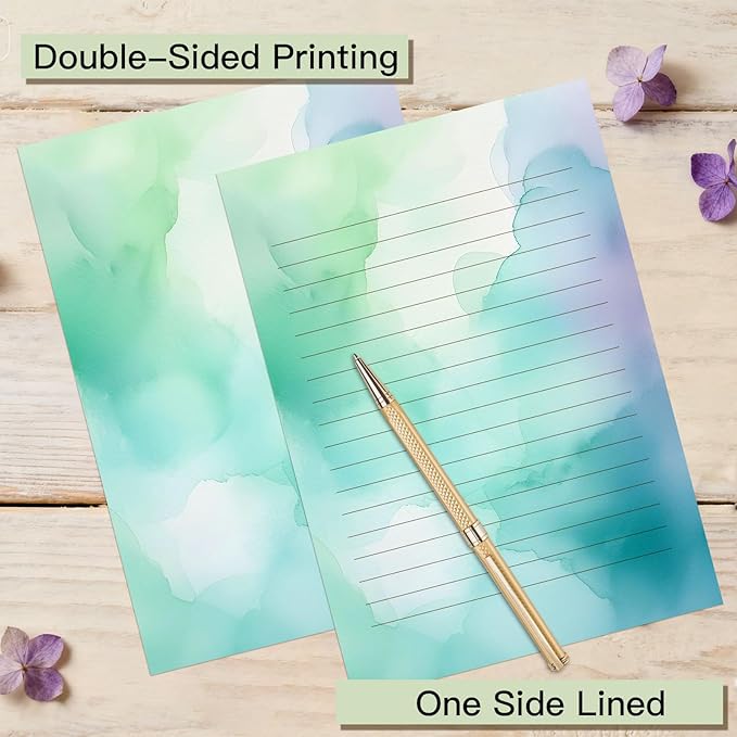 Watercolor Stationary Letter and Envelopes, 24 Lined Writing Paper with 12 Matching Envelopes, Double-Sided Printing, Multicolor, 8.3 x 5.5 Inches, 36 Pieces