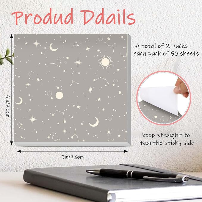 Sticky Notes 3x3 Inches, 2 Pads Cute Colorful Self-Stick Note Pads, Easy to Post for Home, Office and Daily Life Organization Cute Glodern Star