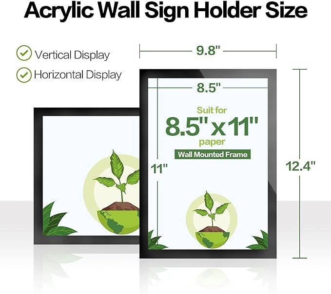 8.5" x 11" Acrylic Sign Holder Wall Mount, Self-Adhesive Magnetic Display Frame with Nano Tape and Strong Magnetic Border for Wall, Door, Glass, Home, Store, Office (Black, 3Pack)