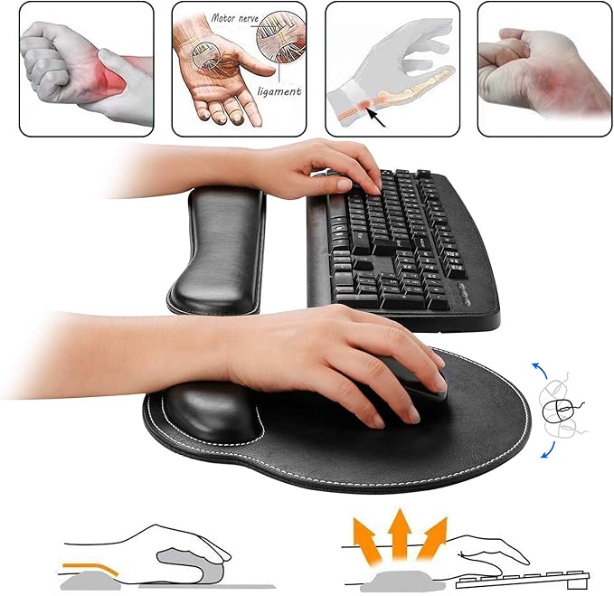RICHEN Ergonomic PU Leather Keyboard Wrist Rest and Mouse Pad with Wrist Support, Memory Foam Set for Computer/Laptop,Gaming and Office, Comfortable for Easy Typing & Pain Relief (PU Black)