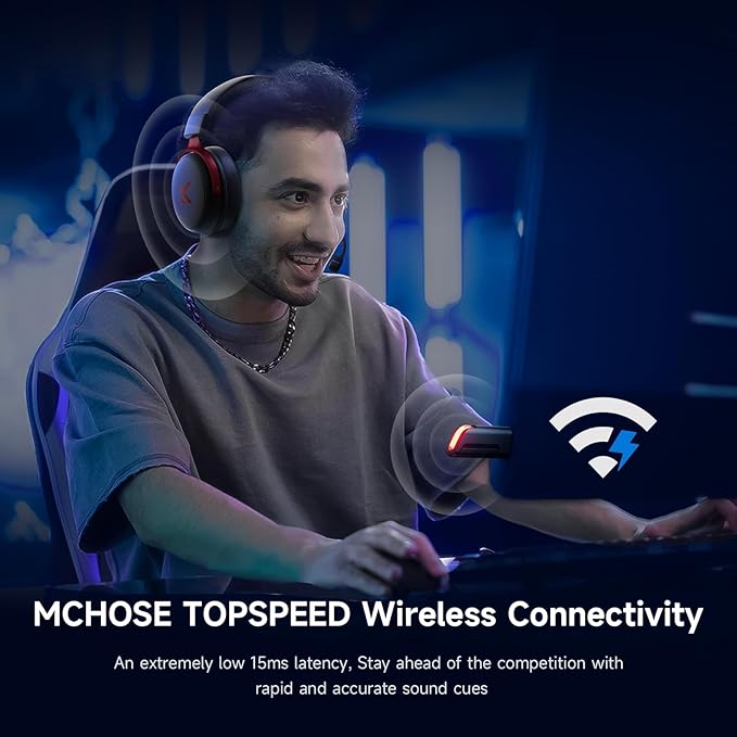 MCHOSE V9 Wireless Gaming Headset 7.1 Surround Sound for PS5 PS4 PC SWITCH TOPSPEED Gaming Headphones with Noise Canceling Mic, 125Hr Battery, Low 15ms Latency, Lightweight, BT 5.3 FPS Games Black&Red