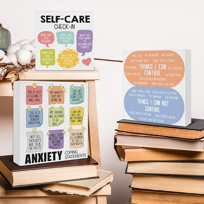 3 Pcs Mental Health Wood Signs Decor Psychology Wood Block Signs Anxiety Coping Statements Things I Can Control Self Care Wooden Box Signs Home Therapy Office Decorations for Tiered Tray Desk Shelf