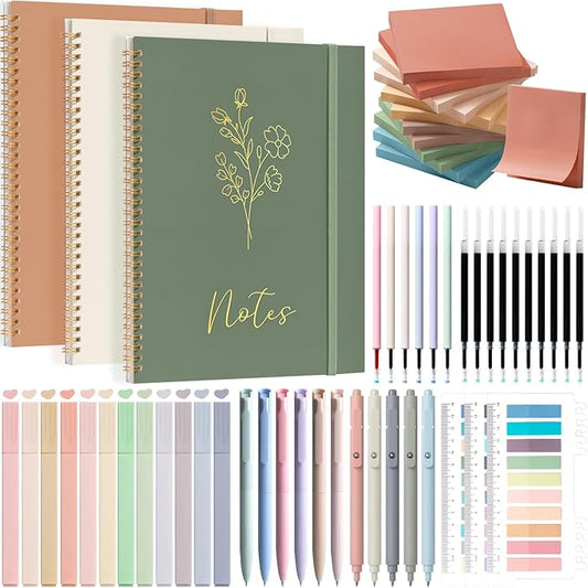 58PCS Aesthetic School Supplies, Cute College Ruled A4 Spiral Notebook Stationary Set Back to School Supplies Bible Study Kit Office College Essentials with Pastel Highlighters for Women Student Girls