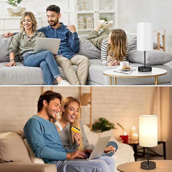 AKASUKI Table Lamp for Bedroom, 3 Way Dimmable Touch Lamp with Dual Charging Station, Small Bedside Lamps for Night Stands, Living Room, Office(LED Bulb Included)