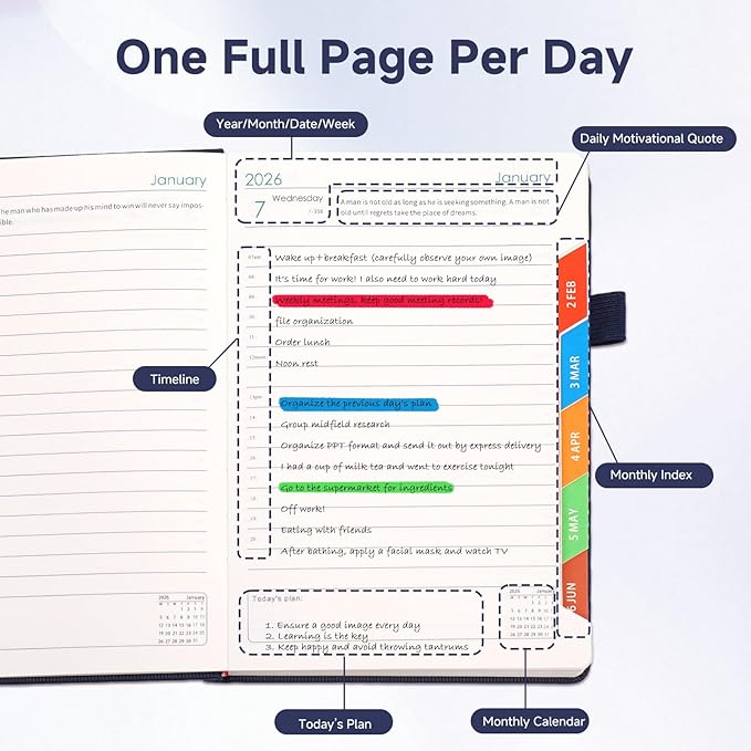 Picoway 2026 Planner A5 400 Pages - Weekly and Monthly Daily Calendar with Thick Paper, One Full Page Per Day Planners from Jan. 2026 - Dec. 2026, Hardcover Notebook ，8.3" x 5.7" (Dark Blue)