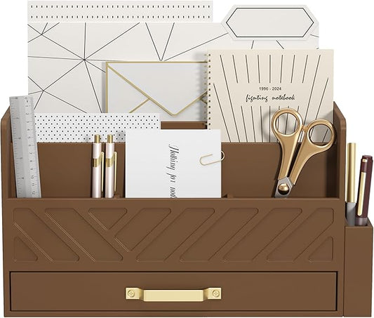 Bamboo Desk Organizer Mail Holder Countertop Wood Desk Drawer Tabletop Storage Box Pen Holder Letter Sorter Makeup Organizer for School Home Office Supplies with Pen Holder Brown