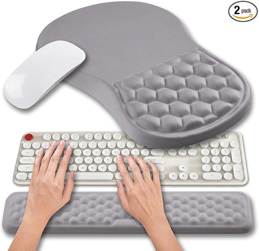 Hokafenle 2 In 1 Ergonomic Mouse Pad Wrist Support & Wrist Rest For Computer Keyboard Set, with Relieve Carpal Tunnel Pain Massage Bulge and Full Memory Gel Design (2In1 Set,Neutral Gray Light Purple)