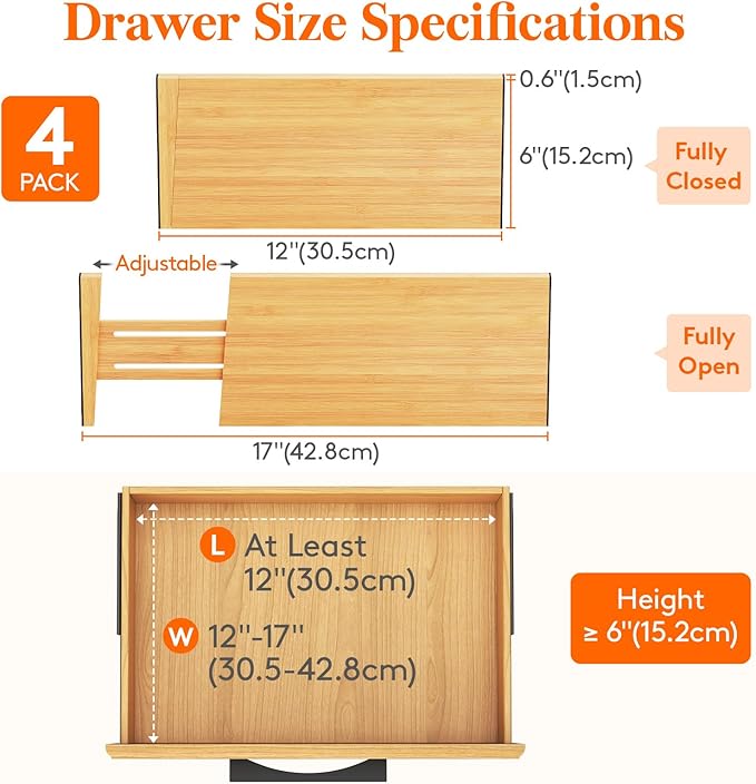 Lifewit 4 Pack Drawer Dividers Bamboo 6" High, 11-17" Adjustable Drawer Organizers for Clothes, Expandable Dresser Separators in Bedroom/Bathroom/Kitchen/Fridge/Office Organization and Storage