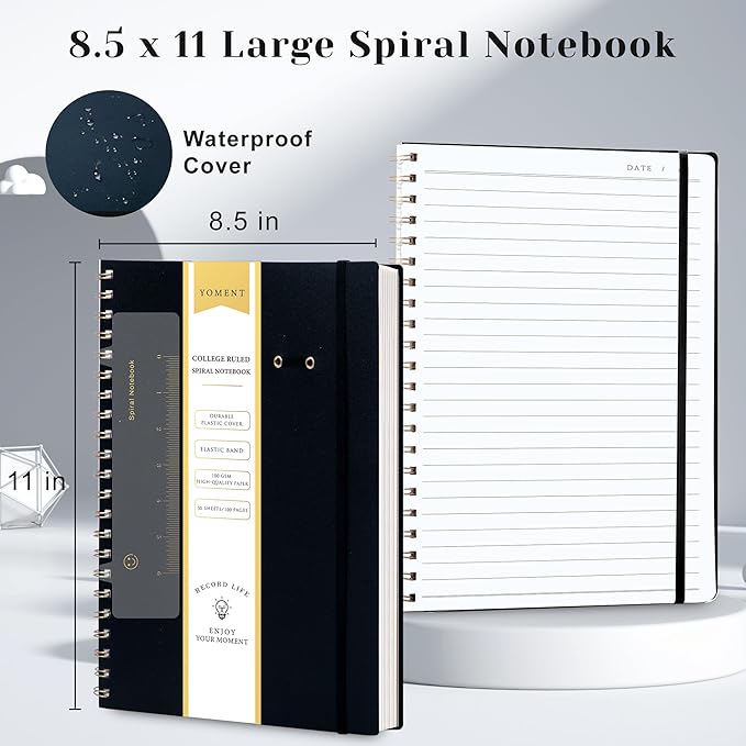 Yoment Spiral Notebook 8.5 x 11 A4 Large Notebooks for Work College Ruled Journaling Notebooks, 100 GSM Paper, Spiral Bound Journal for School Note Taking Writing, A4 Black