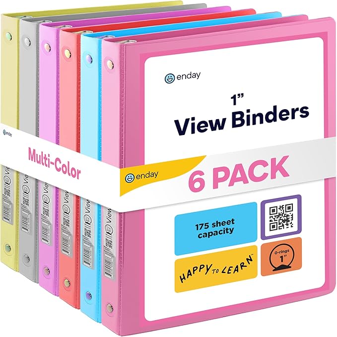 3 Ring Binder 1 Inch, 1” Clear View Cover with 2 Inside Pockets Round Ring Binder, Colored School Supplies Binders, in Grey, Pink, Blue, Purple, Green, and Red, Multicolor (6 PC) – by Enday