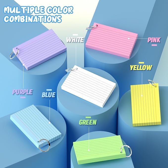 600 Pcs Index Cards 3x5, Colored Index Cards With Ring, 6 Colors Flash Cards with Rings, Flashcards for Studying, Heavy Bright Note Cards 3 x 5, Colored Notecards 3x5 Lined for Office, Home, School