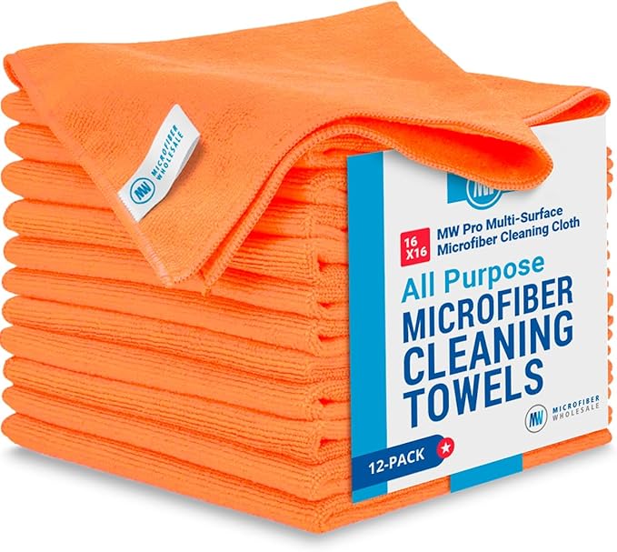 MW Pro Microfiber Cleaning Cloth | Orange | 12 Pack | 16” x 16” | All Purpose Microfiber Towels - Clean, Dust, Polish, Scrub, Absorbent