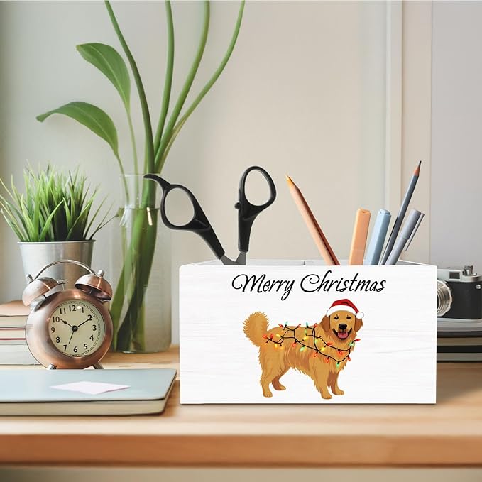 Merry Christmas Golden Retriever Pen Holder for Desk, Holiday Xmas Dog Wooden Box Sign Desk Decor for Home Office Decoration, Dog Pencil Organizer, Golden Retriever Christmas Decor