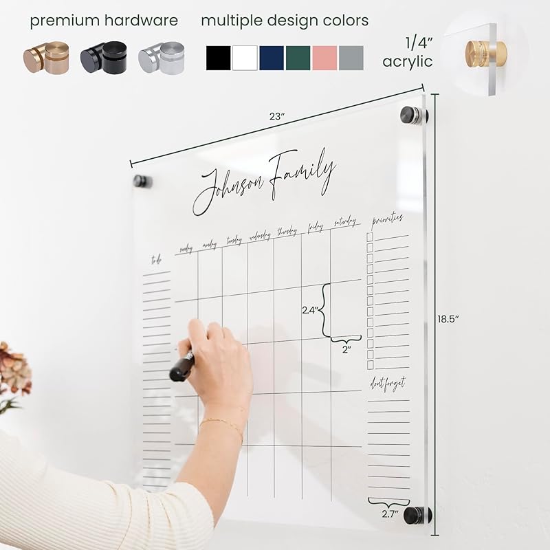 Personalized Clear Acrylic Calendar for Wall, Calendar Whiteboard for Wall, Dry Erase Wall Calendar, Wall Calendar Organizer System for Home (Cursive, Black, 23"W x18.5"H)