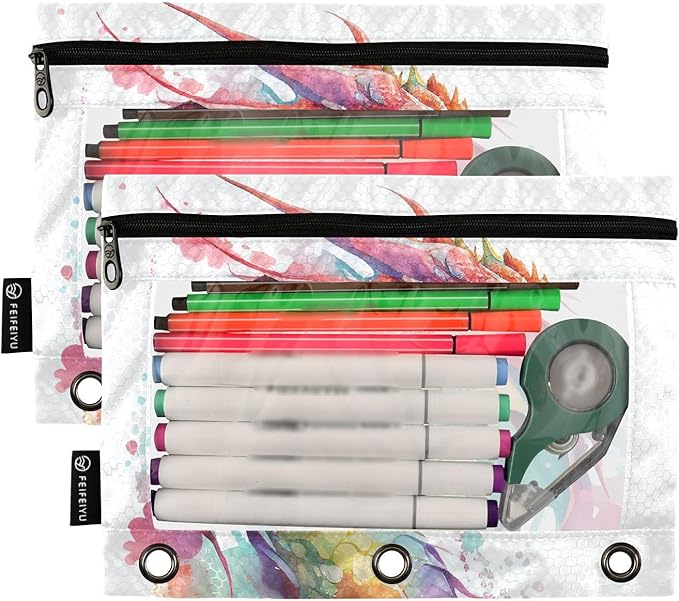 Watercolor Dragon Pencil Pouch for 3 Ring Binder, 2 Pack Waterproof Pencil Bags Clear Window Zipper School Office Supplies