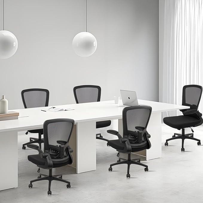 Office Desk Chairs with Wheels, Ergonomic Mesh Chair with Adjustable Height Lumbar Support, Rolling Swivel Computer Task Chair with Flip Up Armrests for Home, Study, Conference, Black (8PK)