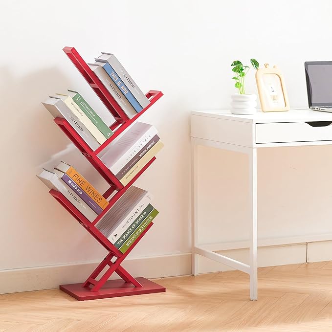 5 Tier Tree Bookshelf, Floor Standing Bookshelf for Narrow Space,Storage Organizer Bookshelves for Books/CDs/Magazine, Bookcase with Shelves for Home Office, Living Room-Red