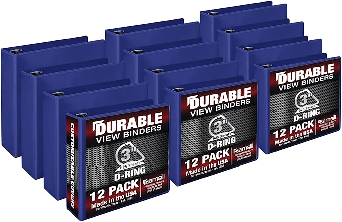 Samsill Durable 3 inch 3 Ring Binder, Made in USA, D Ring Binder, FSC 100% Recycled Chipboard, Blue, 12 Pack