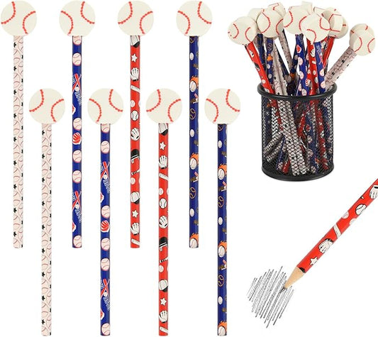 48 Pcs Baseball Pencils and Erasers for Birthday Gifts Baseball Favors Assortment Stationery Pencils for Students Office School Supplies Classroom Rewards.